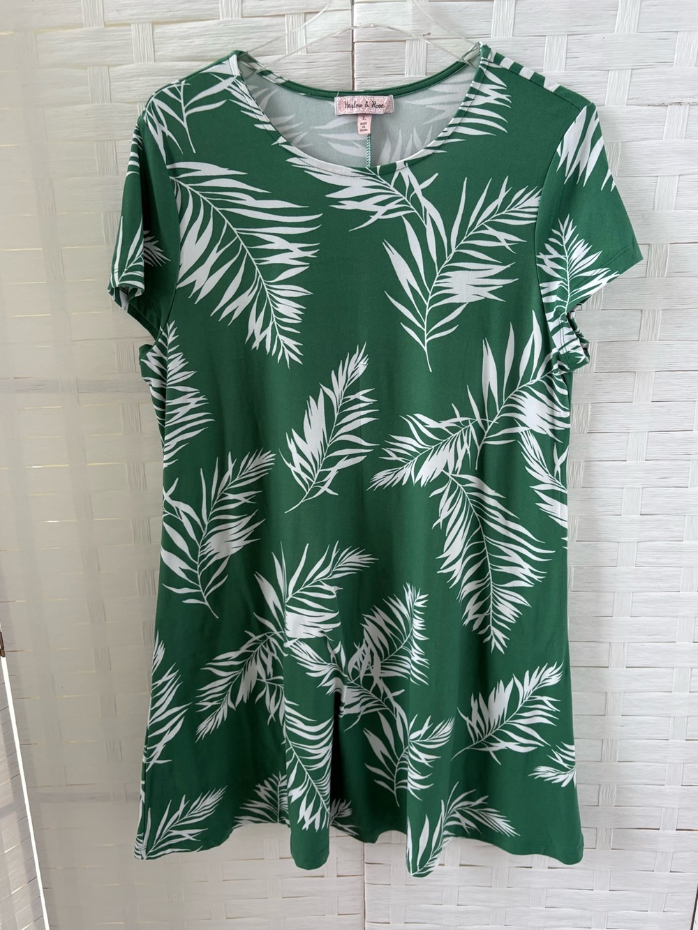 Harlow & Rose Size L Green Tropical Leaf A-Line Dress Short Sleeve Cruise Vacay